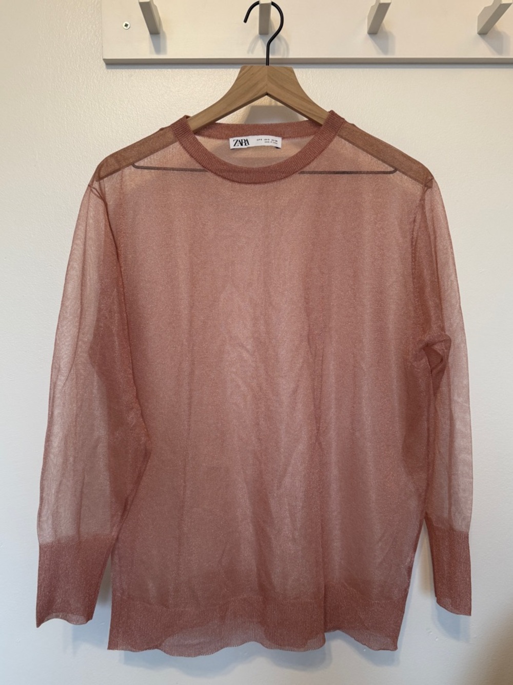 Zara Women's Sheer Long-Sleeve Knit Top — Rose Gold